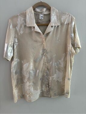 Vintage Sash Authentic Formula Metallic Silver Foil Burnout Camp Shirt Top M/L